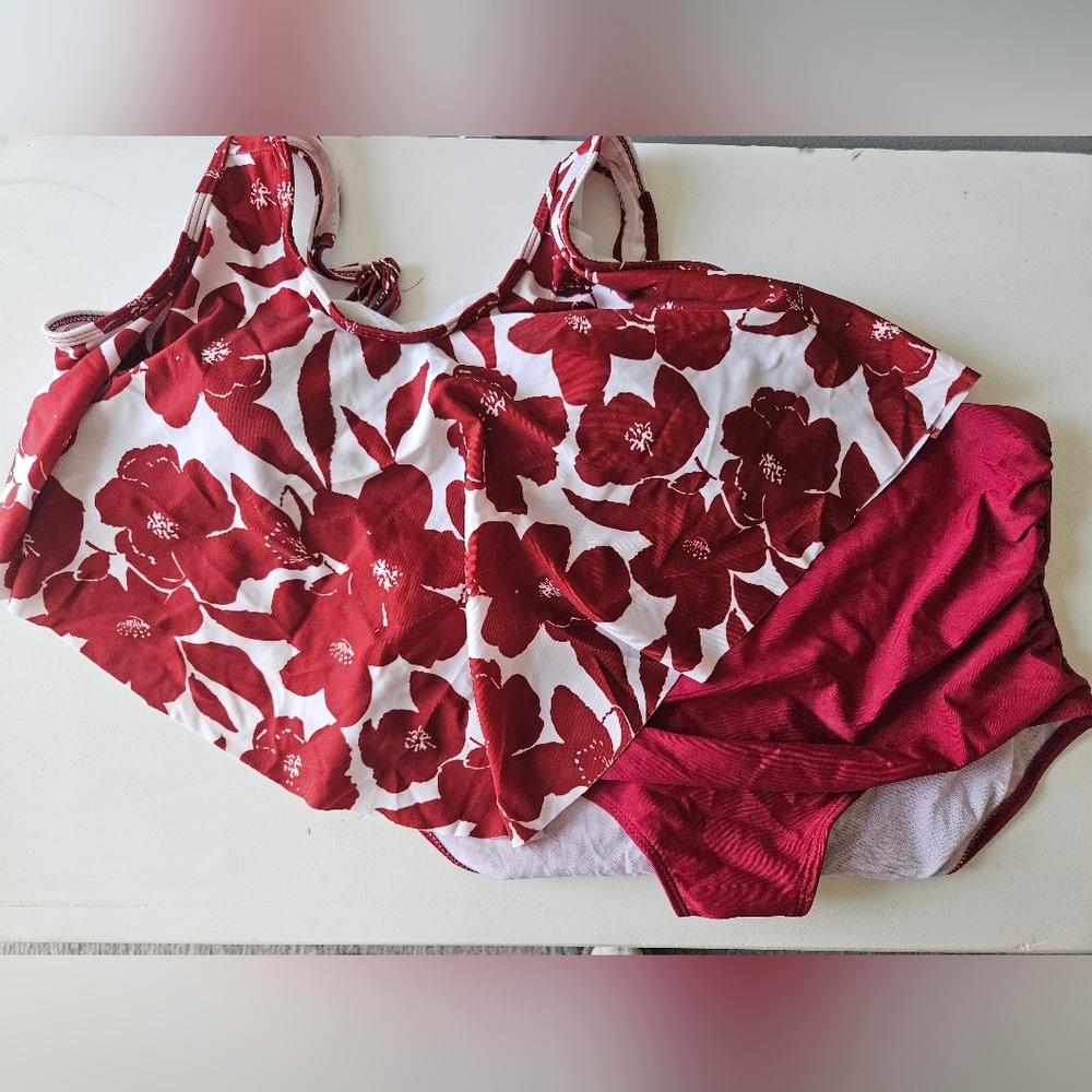 Floral Red and White High Waisted Bikini